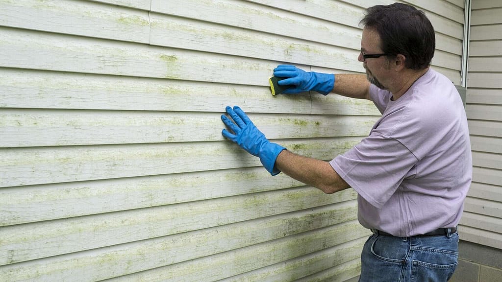 person cleaning vinyl siding with molds and dirt