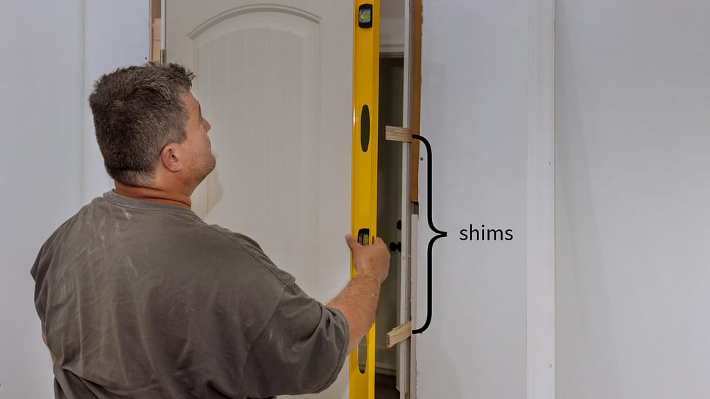 person using shims to level the door