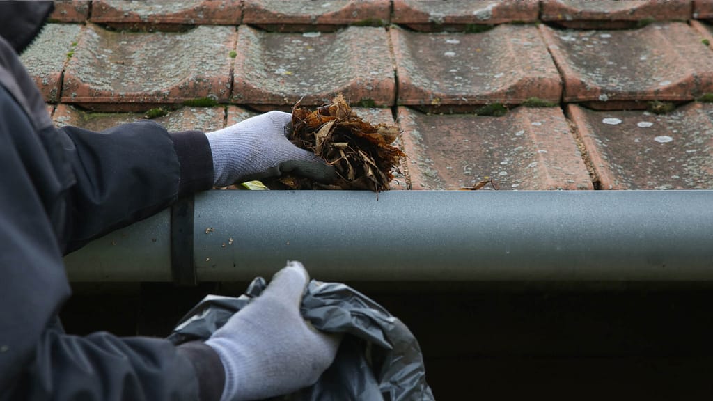 Person removing leaves and dirt on gutter